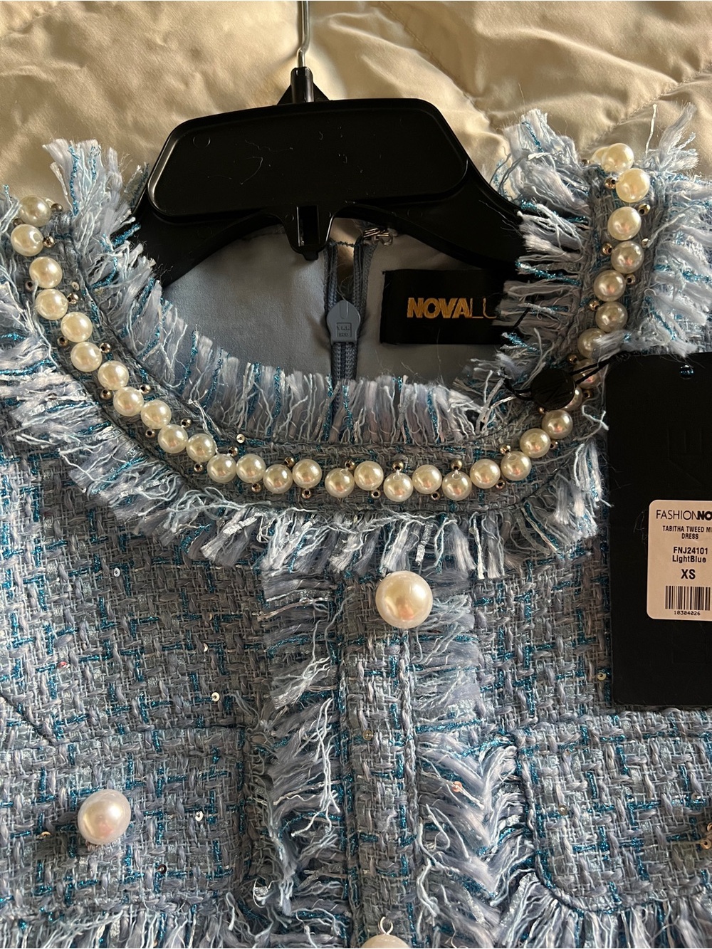 Novaluxe Light Blue Tweed Pearl-Button Shift Dress - Picture 6 of 7